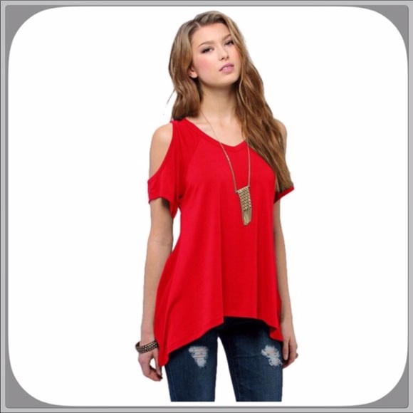 Soft Bright Red Cold Shoulder Tee size M 3XHP - Picture 1 of 7